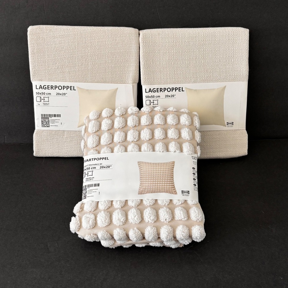IKEA Pillow Covers 20x20 SVARTPOPPEL & LAGERPOPPEL Set of 3 Beige Cream Pom Pom